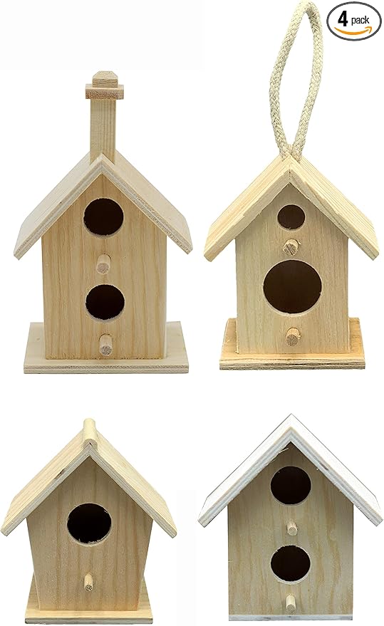 Creative Hobbies® Mini 4 Inch Tall Birdhouse - Set of 4 Styles, Small Unfinished Wood Ready to Paint or Decorate