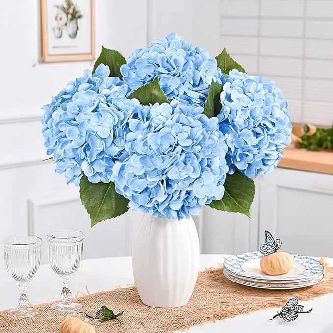 4Pcs Hydrangea Artificial Flowers Realistic Latex Texture for Spring Decoration Home Party Wedding Living Room Decoration 21''Blue