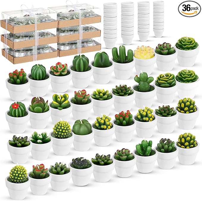 Shihanee 36 Pcs Succulent Cactus Tealight Candles with Mini Terracotta Pots, Spring Decor, Fiesta Cinco De Mayo Party Decorations, Mexican Party Favors, Baby Shower Wedding Table Decor(White)