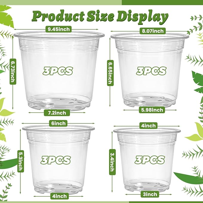 12 Pack 4/6/8/10 Inch Clear Nursery Pots for Plants, Large Size Clear Plant Pots with Drainage Holes, Plastic Nursery Pots for Indoor and Outdoor Planting Vegetables, Orchids, Aloe