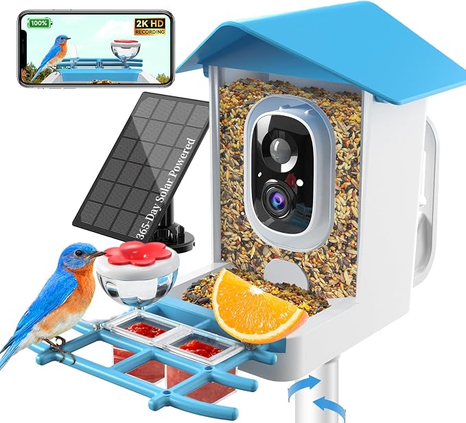 Solar Powered Bird Feeder with Camera: One Full Charge Lasts for Weeks with 6W High Conversion Rate Solar Panel - Continuously Record Over 600 30-S 2K Videos on Backyard/Garden