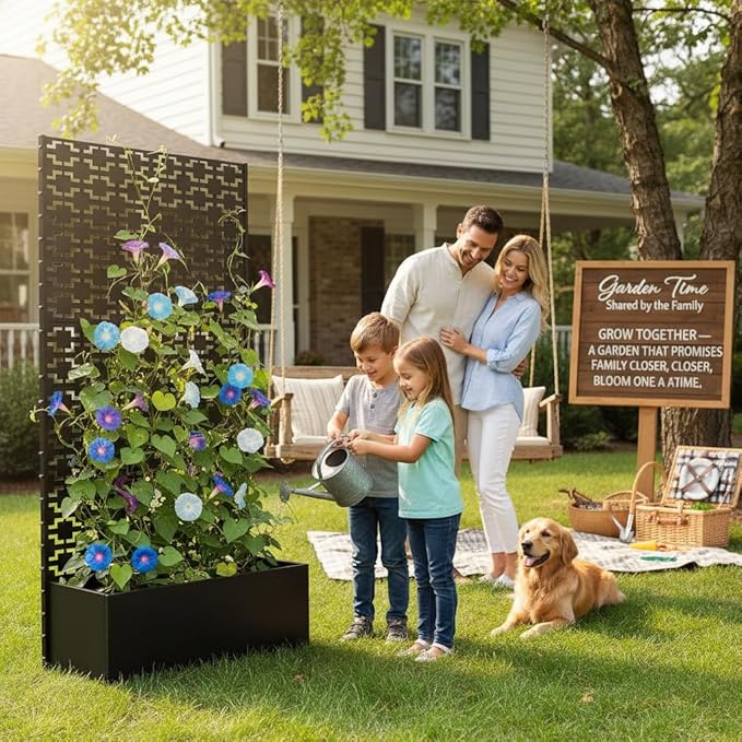 QINPTWUT Geometric Edition Privacy Screen Planter Box with Trellis, Metal Raised Garden Bed for Climbing Plants, 27 Gallon Outdoor Divider for Patio Balcony Backyard, Easy Assembly