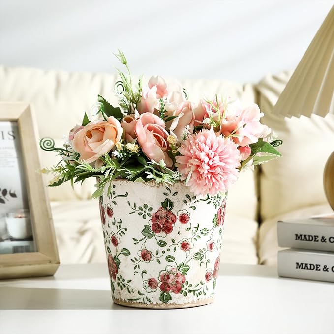 Beeveer Farmhouse Ceramic Planter 5.5 Inch Large Plants Pot Crack Beige Red Rose Flowers Plant Pots with Drainage Hole Indoor Plants Kitchen Rustic Antique Decor Gift