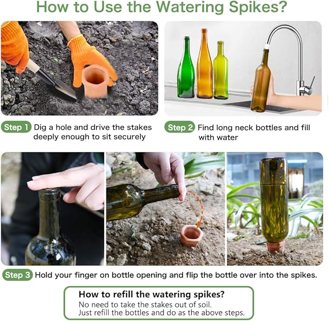 REMIAWY Plant Watering Devices - Terracotta Vacation Self Plant Waterer Spikes Wine Bottle Stakes Slow Release Devices for Indoor Outdoor Plants (8 Pack)