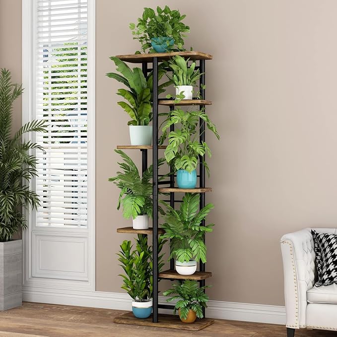 LINZINAR Plant Stand 7 Tier 8 Potted Multiple Flower Pot Holder Shelf Indoor Outdoor Planter Rack Storage Organizer for Patio Garden Corner Balcony Living Room (Black, 7 Tier)