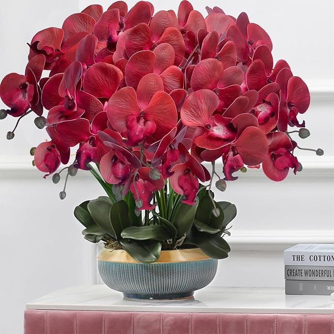 FagusHome 32 Inch Artificial Phalaenopsis Flowers 6 Pcs Artificial Orchid Flowers Stem Plants for Home Décor (Red)