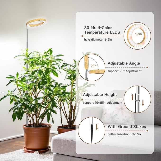 6.3in Plant Lights for Indoor Growing, Full Spectrum Faux Wood Grain Grow Light, 80 LED Growing Lamp with Height Adjustable 10"-65", 6/12/16H Timer, 3 Optional Spectrums, 5 Brightness, 3 Pack
