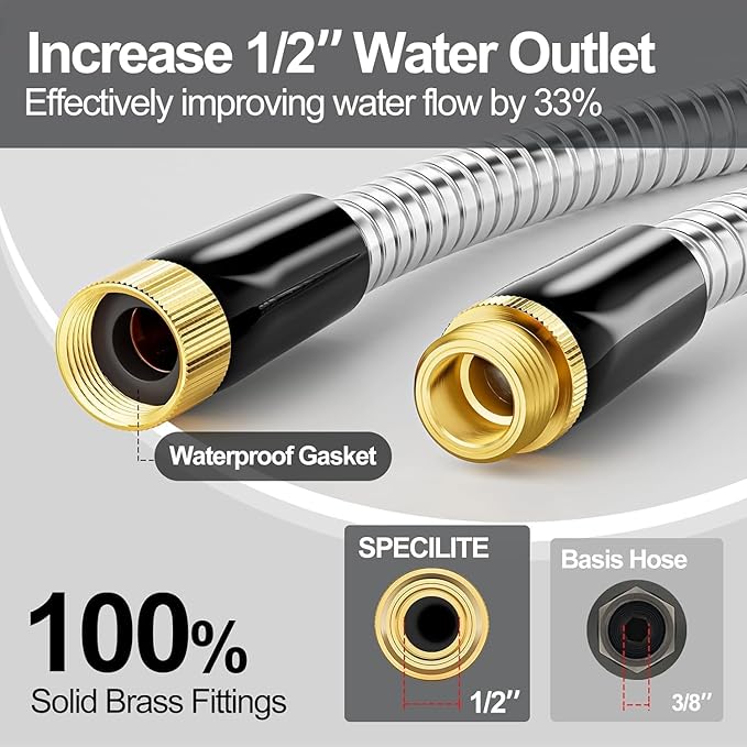 SPECILITE 1/2" 304 Stainless Steel Garden Hose, 150FT Water Pipe with Heavy Duty Metal Nozzle for Yard, Outdoor, Lawn - Flexible, Never Kink & Tangle, Puncture Resistant