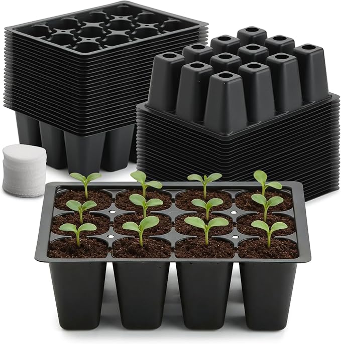 RooTrimmer 40 Pack Reusable 12-Cell Seed Starter Tray, Plant Starter Trays with Large Drainage Holes for Seed Germination, Easy to Repotted, Fits Standard 1020 Flats and TD377 Trays, Black