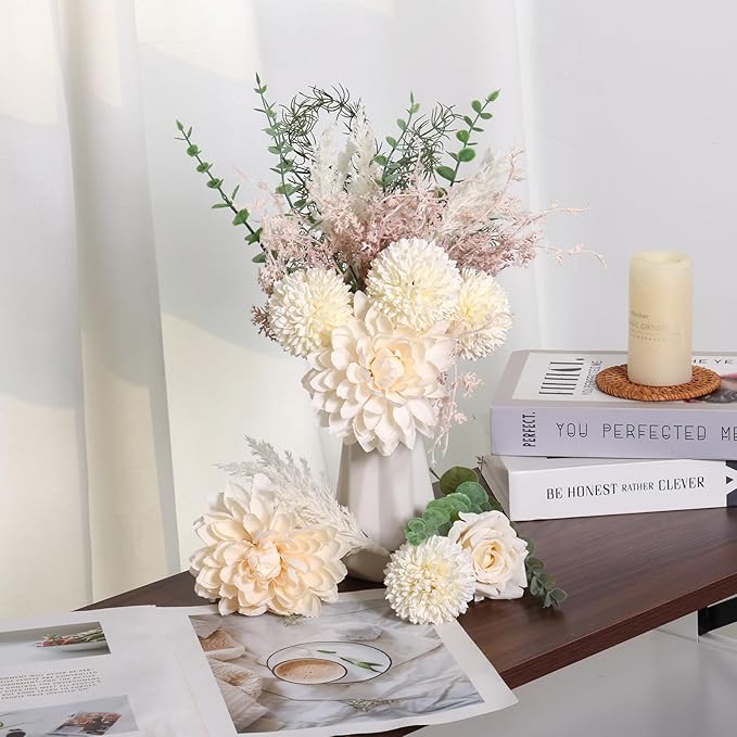 CEWOR Fake Flowers in Ceramic Vase, Artificial Flowers with Ceramic Vase Faux Silk Floral Arrangement Table Centerpieces Decor for Home Office Dining Farmhouse Coffee Table Living Room