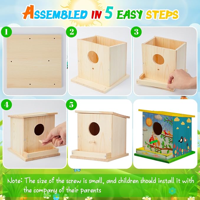 Liliful 4 Pack Birdhouse Crafts for Kids, Wooden Creative DIY Bird House Kits Arts and Crafts Set for Kids and Adults, Spring Birthday Gifts for Toddlers Ages (Single Style)