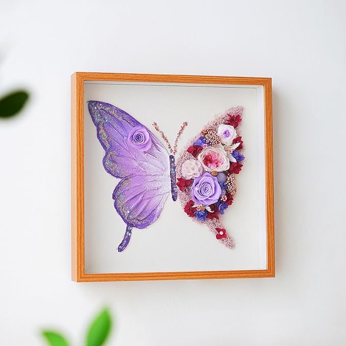 ADDWel Preserved Real Rose Butterfly Shadow Box - 12x12 3D Handmade Eternal Flower Wall Art, Unique Birthday Anniversary Purple Gifts for Women, Mom, Wife, Grandma