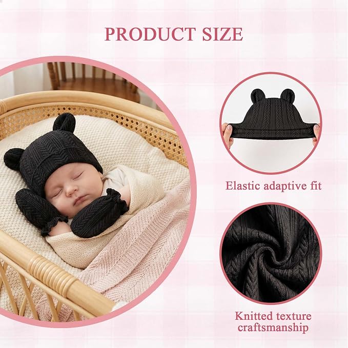Newborn Baby Girl Hats Mittens Set Cotton Hospital Bow Hat Beanies Caps Gloves for New Born Girls 0-6 Months