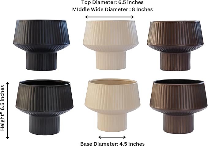 Wide Top Modern Handmade Metal Indoor Planter with Unique Shape, Vertical Grooved Design and Anti-Scratch Pads, Rust-Resistant Finish that is Sustainable Non-Plastic Pot Recyclable Metal Vase (Black)
