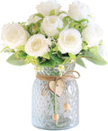 Faux Flowers in Vase, 18 Pcs Fake Rose Flowers, Artificial Flowers for Home Decor, Indoor Centerpiece for Living Room & Dining Table - White