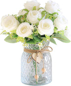 Faux Flowers in Vase, 18 Pcs Fake Rose Flowers, Artificial Flowers for Home Decor, Indoor Centerpiece for Living Room & Dining Table - White