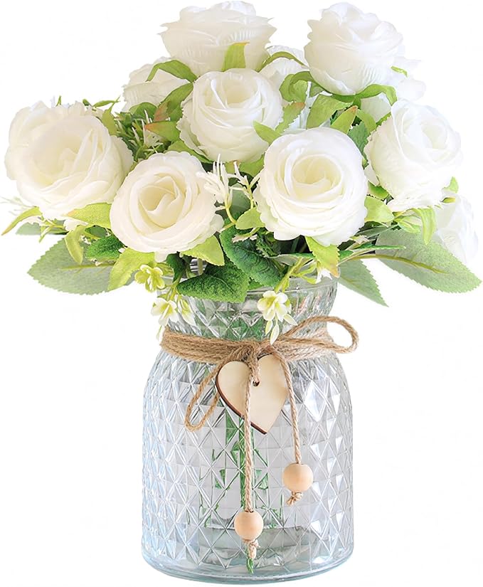 Faux Flowers in Vase, 18 Pcs Fake Rose Flowers, Artificial Flowers for Home Decor, Indoor Centerpiece for Living Room & Dining Table - White