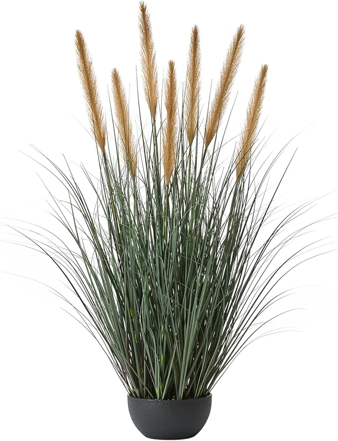 FloraFairy 3ft Onion Grass, Artificial Plant and Greenery, Fake Floor Plants Indoor Outdoor, Faux Horsetail Reed Grass with 7 Feathery Flower Heads, Potted, House Decorative