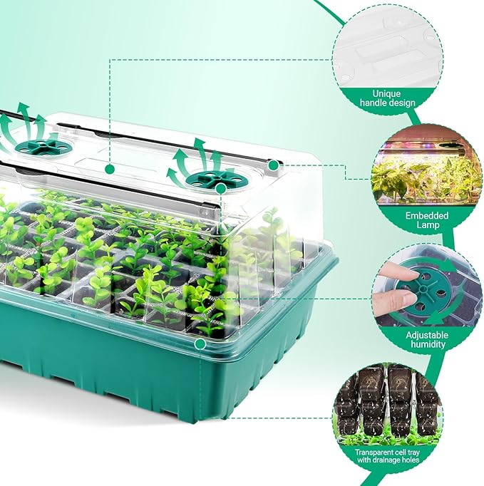 96 Cell Seed Starter Tray with Grow Light, Seed Starting Trays with Adjustable Humidity Dome, Seed Starter Kit Plant Starter Kit for Seeds Growing Starting, Indoor Gardening (Self-Watering)
