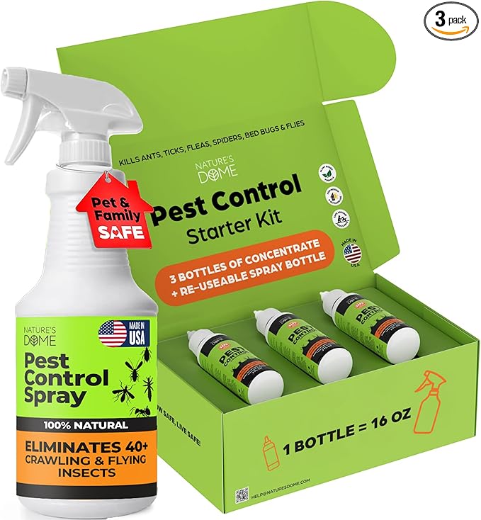 Nature's Dome Pest Killer Starter Kit, Makes 48 Oz (3 Concentrate Vials + 1 Reusable Sprayer) Plant-Based Ant, Roach, Spider & Fly Killer Spray | Indoor/Outdoor, Child & Pet Safe Essential Oil Formula