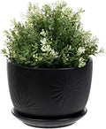 MyGift 7 Inch Round Matte Black Ceramic Plant Pot with Drainage Hole and Attached Saucer, Modern Decorative Embossed Sunburst Planter Container for Indoor Home Garden