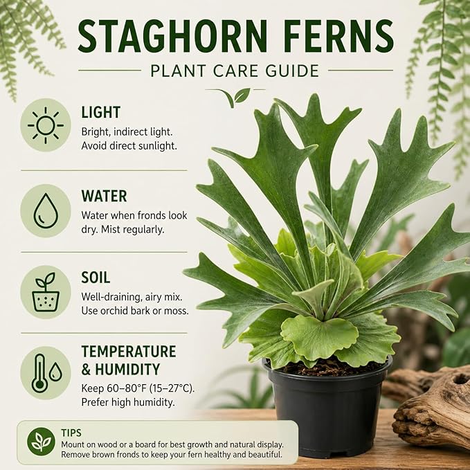 Staghorn Ferns Live Plants, Live Fern Plants Indoor in 4 Inch Pot, Unique Fern for Wall Mounting, Shelves and Indoor Decor