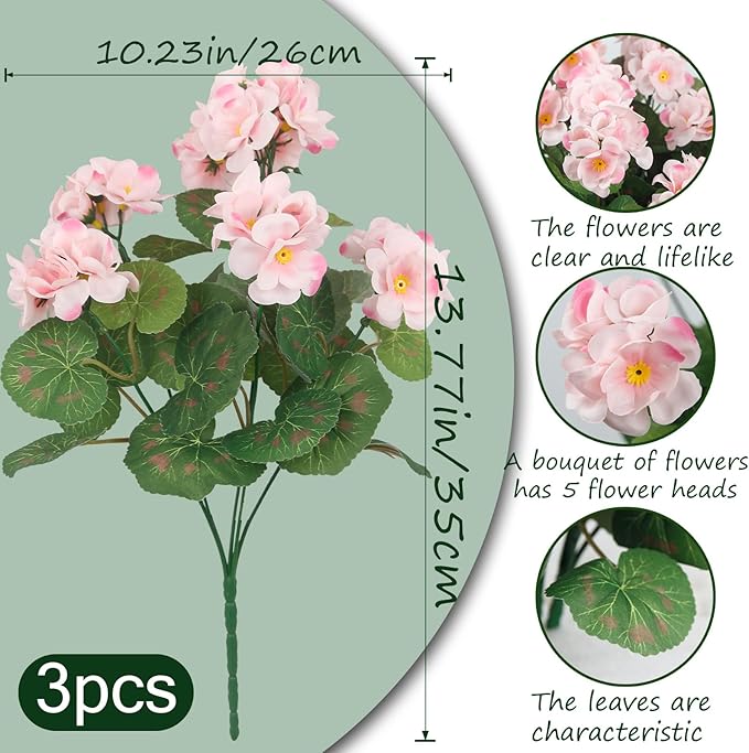 CITYES 3 Pcs Artificial Flowers Silk Geraniums for Outdoors UV Resistant Pink Artificial Geranium Bush Faux Flowers Plant Geraniums for Garden Home Decor Indoor Patio Vase Table Centerpiece