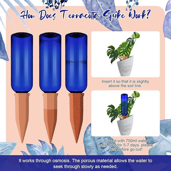 SiliFine 3 Sets Plant Watering Devices Include Terracotta Self Watering Spikes and 26 oz Plastic Bottles, Slow Release Vacation Insert Automatic Plant Waterer Device (Blue and Terracotta)