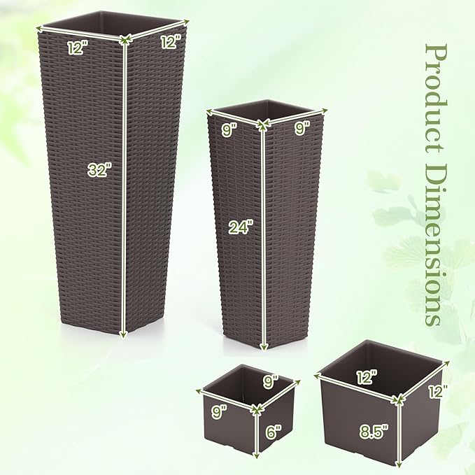 Giantex Set of 2 Planters for Outdoor Plants, Tall Tapered Plants w/Inner Trays, Drainage Holes, Decorative PP Flowerpots 32" & 24" Tall for Porch, Patio, Garden, Backyard, Indoors & Outdoors (Coffee)