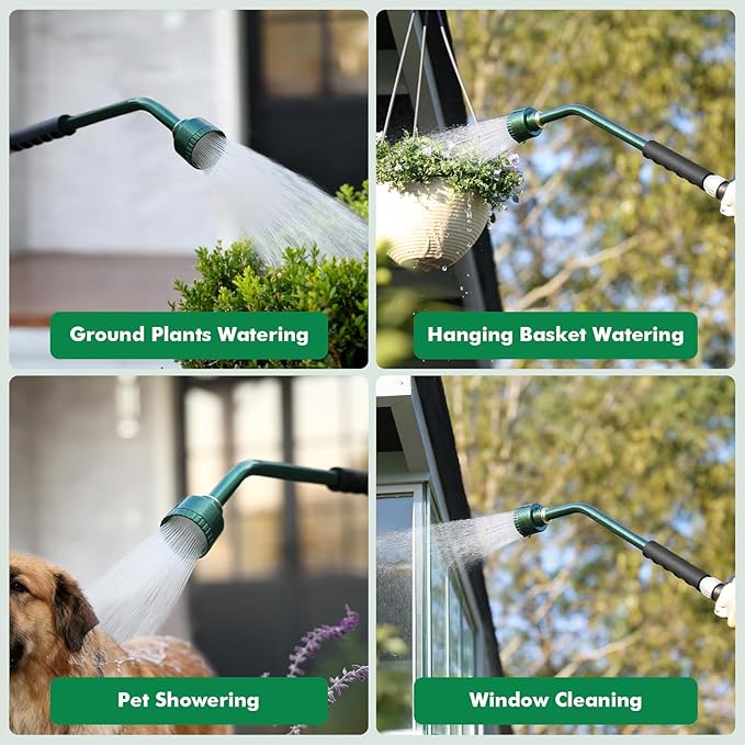 RESTMO Long Watering Wand, 24 Inches Gentle Soft Full Shower Sprayer Wand with Flow Control, Heavy Duty Metal Hose Wand for Hanging Baskets, Shrubs, Plants, Flowers, Garden and Lawn, Green