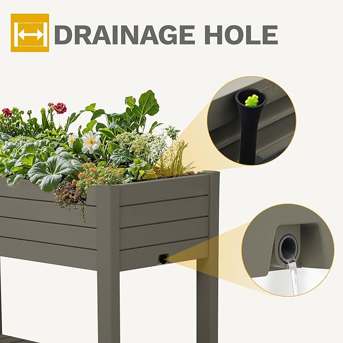 DWVO Raised Garden Bed Kit, 3.6 x 1.5 x 2.8 FT Outdoor Plastic Planter Box with Wheels and Legs, Garden Box with Drain Plug & Storage Shelf for Planting Vegetables, Flowers, and Herbs, Light Brown