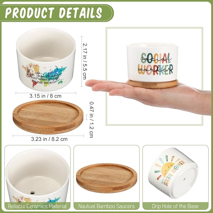 Sieral 12 Pcs Thank You Employee Appreciation Gift Succulent Pots Social Worker Gift Ceramic Plant Pot with Bamboo Tray Succulent Planter for Coworker Teacher, Plants Excluded (Social Worker)