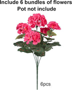 Artificial Geranium Fake Flowers for Outdoors Decoration, 6 Bundles Silk Geraniums Flower UV Resistant Look Real Faux Plants for Outside Planter Front Door Garden Patio Balcony Yard Home, Hot Pink