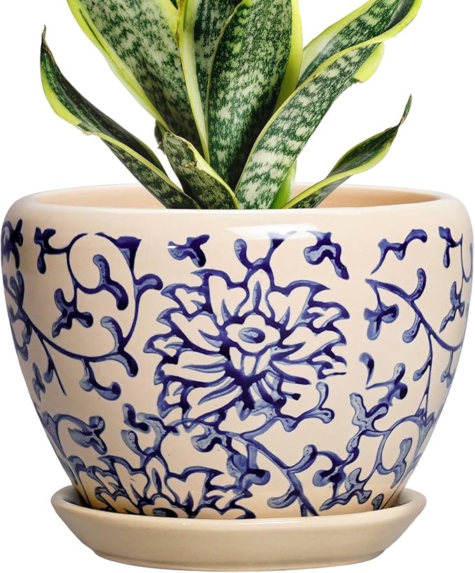 6 Inch Plant Pot - Ceramic Planters for Succulent Snake Plants, Round Pots for Plants with Drainage Hole and Saucer, Indoor Flower Pots, Living Room Decor, Gardening Gifts, Retro Blue