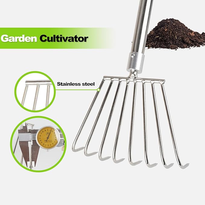 Landscape Rakes for Lawns Leaf Leaves, Small Hand Cultivator, Clam Tool for Cleaning Debris, Weeds, Grass, Pine Needle Remove in Yard, Flower Beds, Herb Rock Garden Care - Stainless Steel