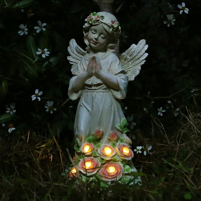 Panven Garden Decor Angel Statue, Outdoor Patio Garden Sculptures & Statues, Solar Yard Decorations Lawn Ornaments Figurines for Outside