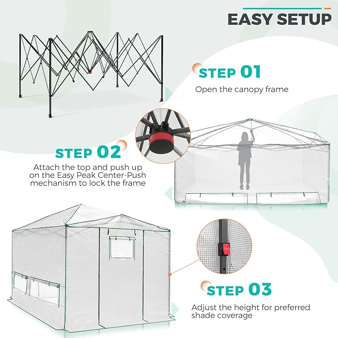 EAGLE PEAK 12x8 Portable Walk in Greenhouse, Pop Up Indoor Outdoor Greenhouse, Green House Kit with Zippered Roll-Up Doors, Windows + Support Pole, PE Cover, Clear/White
