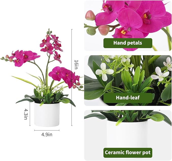 Garvee Real Touch Silk Phalaenopsis Orchid Artificial Flowers - 3 Stems Faux Orchid Bough with Vase, Lifelike Large Fake Flowers in Pot for Home Decor Living Room Bedroom Office Tabletop