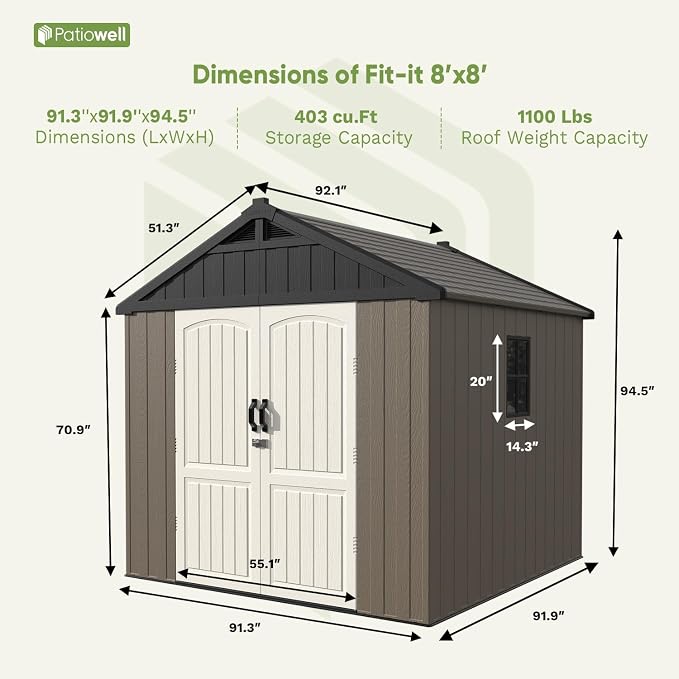 Patiowell 8 x 8 FT Plastic Outdoor Storage Shed with Floor, Resin Shed with Window and Lockable Door for Garden, Backyard, Tool Storage Use, Easy Assemble, Gray (Kick-it Shed)