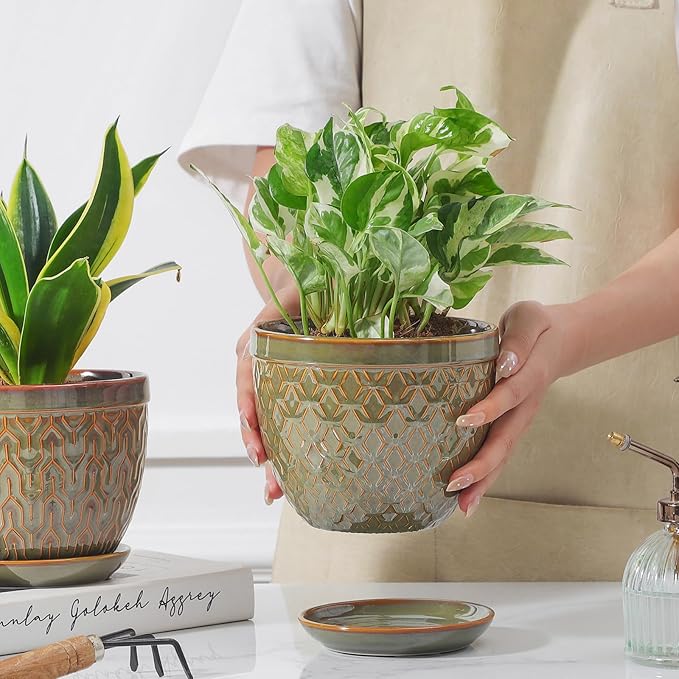 Sureasy Ceramic Indoor Plant Pots, 5.6 Inch Flower Pots for Plants with Drainage Hole and Saucer, Embossed Planter for Succulents, Orchid, Cactus, Indoor Home Decor, Set of 4, Green