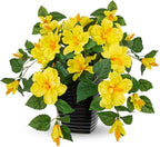 Briful 15.7'' Artificial Hibiscus Plant in Tall Black Woven Planter, Tropical Faux Hibiscus Flowers with Cascading Leaves, Small Fake Flower Pot for Bathroom, Entryway Table, Living Room Decor, Yellow