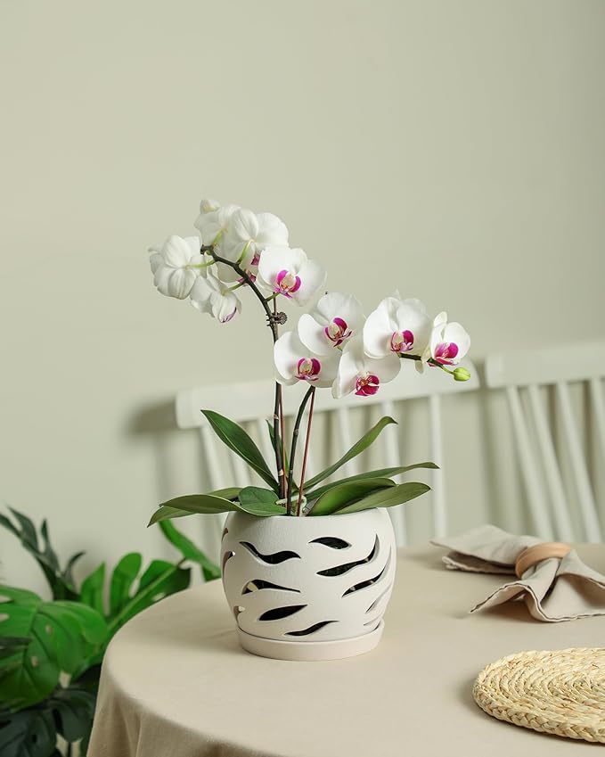 Fayoula Ceramic Orchid Pot with Holes & Saucers, 5.5 inch Plant pots for Indoor and Outdoor use, Wind-Worn Texture Cutout Promoting air Circulation and Drainage(Pots Only)