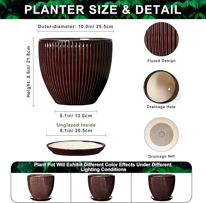 Ceramic Pots for Plants 10 Inch, Indoor Planter with Drainage Hole and Saucer, Large Round Decorative Ceramic Plant Pots, Modern Flower Planter, Patio Room Decor, Gifts for Plant Lovers, Brown