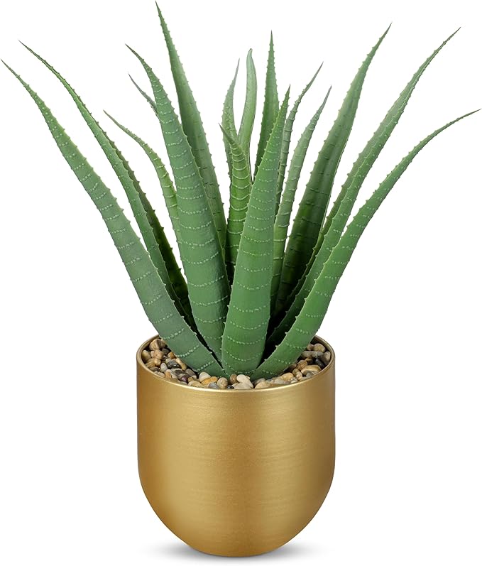 Briful Succulents Artificial Plants Realistic Agave Plant, 4.7'' Gold Metal Pot, Farmhouse Aloe Vera Fake Plants for Home Office Desk Bathroom Shelf Decorations