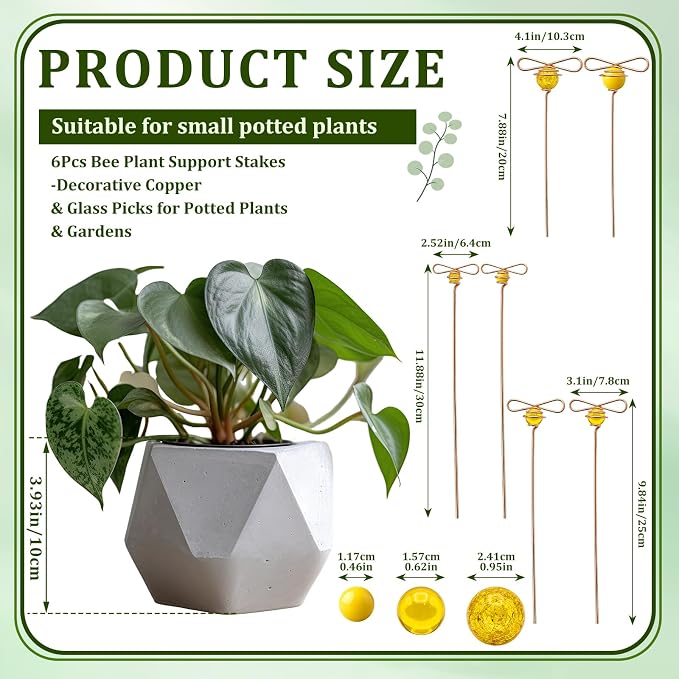 Hushee 6 Pcs Bee Garden Stakes Decor Copper Decorative Plant Stakes Bee on Stick Yard Suncatcher Decorations with Glass Acrylic Balls for Pot Lawn Patio Corridor Flower Bed Outdoor Plant