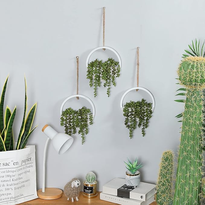 Artificial Hanging Plants Hanging Planter Fake Succulents Artificial String of Pearls with Pot and Lanyard for Home Office Wall Decoration