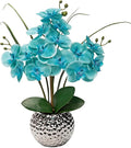 Briful Artificial Orchids Flowers 20'' Teal Blue Faux Orchid Arrangement with Silver Vase Fake Phalaenopsis Silk Orchid for Home Office Living Room Table Decor