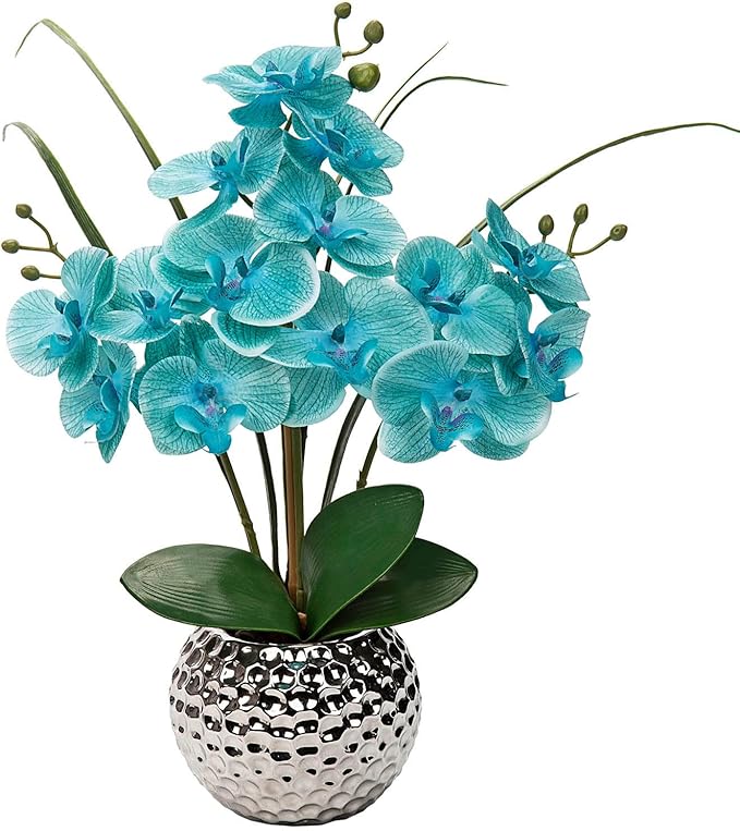 Briful Artificial Orchids Flowers 20'' Teal Blue Faux Orchid Arrangement with Silver Vase Fake Phalaenopsis Silk Orchid for Home Office Living Room Table Decor