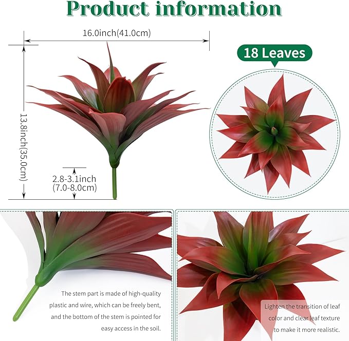2 Pack 16 Inch Artificial Agave Plant - Large Faux Succulent Steams for Indoor Outdoor Decorating, UV Resistant Realistic Tropical Greenery for Garden Front Porch Aesthetic Decor - 18 Leaves, Red