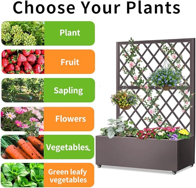 Metal Planter Box with Privacy Screen Trellis,Galvanized Raised Garden Bed On Wheels for Climbing Plants Vines, Standing Garden Flower Bed with Drainage Holes(Espresso, 35" L x16 W x 55" H)